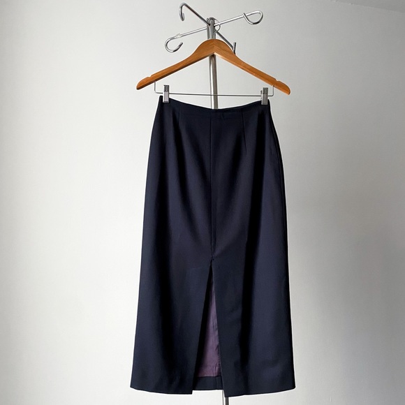 90s vintage navy blue high-waist minimalist wool midi skirt w deep front slit - Picture 1 of 7